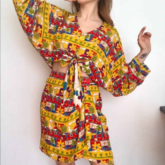 Vintage 90s tie front crop and wrap skirt set